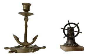 Vintage Nautical Anchor Candlestick and Helm Cigar Cutter in Brass, 1930s, Set of 2