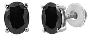 .925 Sterling Silver 1.0 Cttw Prong Set Treated Black Oval Diamond Stud Earring, A Pair