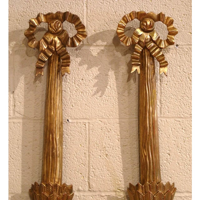 Pair of Vintage French Louis XVI Style Carved Giltwood Three-Light Wall Sconces For Sale - Image 4 of 9
