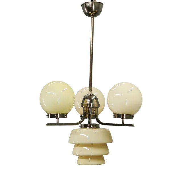Art Deco Cream Glass and Chrome Chandelier, Czechoslovakia, 1930s For Sale