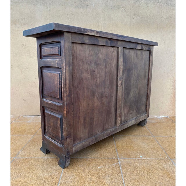 1940s Spanish Rustic Carved Solid Wood Sideboard with Wrought Iron Details For Sale - Image 9 of 9