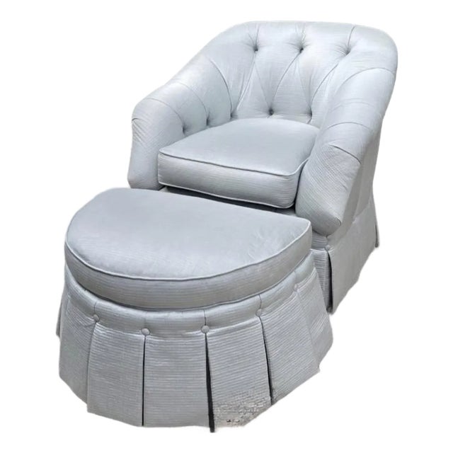 Custom Swivel Tufted Armchair and Ottoman For Sale