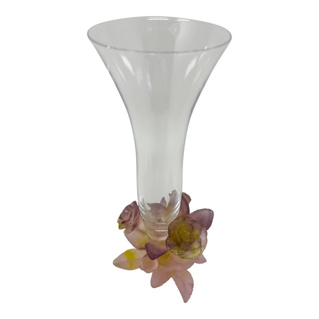 Daum France Soliflore Roses Crystal Vase With Pate De Verre Floral Base Signed For Sale