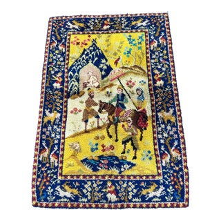 Gold & Navy Pictorial Hunting Scene Hand-Knotted Wool Rug - 3'1" X 4'6" For Sale