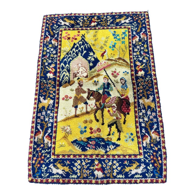 Gold & Navy Pictorial Hunting Scene Hand-Knotted Wool Rug - 3'1" X 4'6" For Sale