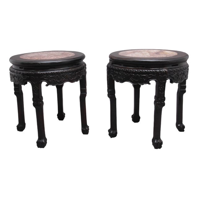 Chinese Carved Hardwood Occasional Tables, 1880s, Set of 2 For Sale