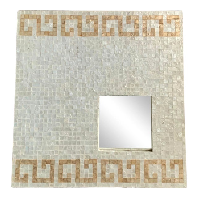 Square Greek Style Mother of Pearl Covered Cream and Gold Wall Mirror For Sale