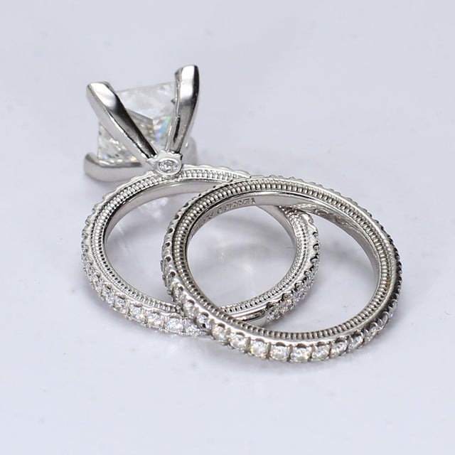 Traditional Platinum Verragio Engagement Ring Set With Lab-Grown 3ct Princess Diamond Center, Size 4.25 For Sale - Image 3 of 5