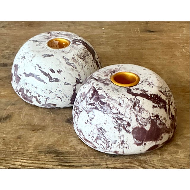Metal Vintage Boho Artisan Pigmented Plaster Scagliola Low Dome Candlestick Holders - Set of 2 For Sale - Image 7 of 9