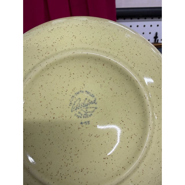 Mid-Century Modern 1955 Mid-Century Modern Taylor, Smith & Taylor Pebbleford Sunburst Yellow Dinnerware - Set of 4 Teacups, 10 Dinner Plates, 5 Salad Plates, 10 Saucers For Sale - Image 3 of 8