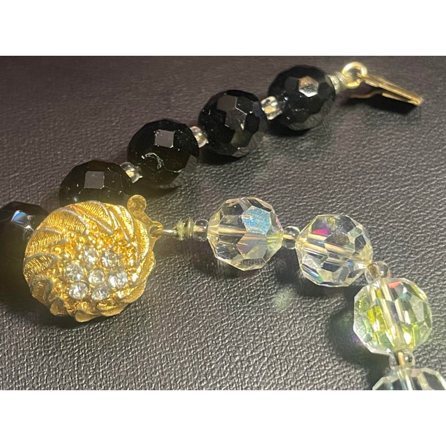 Mid-Century Modern Jet Black Glass and Ab Leaded Crytal and Ornate Clasp, in Style of Vendome MCM Jewelry. For Sale - Image 3 of 6
