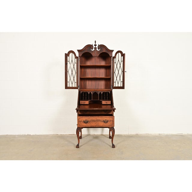 1920s Chippendale Flame Mahogany Drop Front Secretary Desk With Bookcase Hutch by Saginaw Furniture, Circa 1920s For Sale - Image 5 of 18