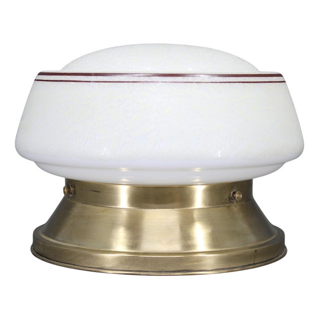 Art Deco Brass Ceiling Light with Opaline Glass Shade, Czechoslovakia, 1930s For Sale
