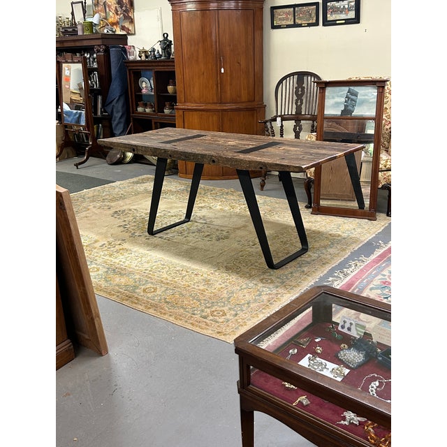 Industrial Rectangular Salvage Wood & Black Iron Table or Desk For Sale - Image 12 of 14