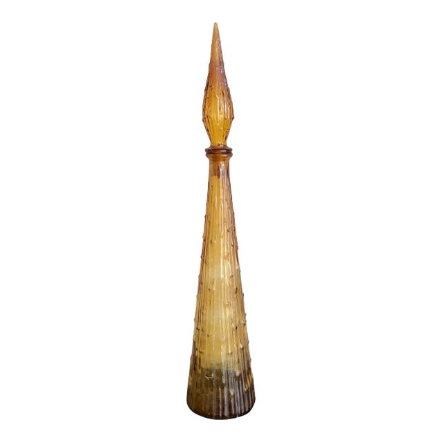 Mid 20th Century Amber Faux Bamboo Italian Art Glass Decanter For Sale
