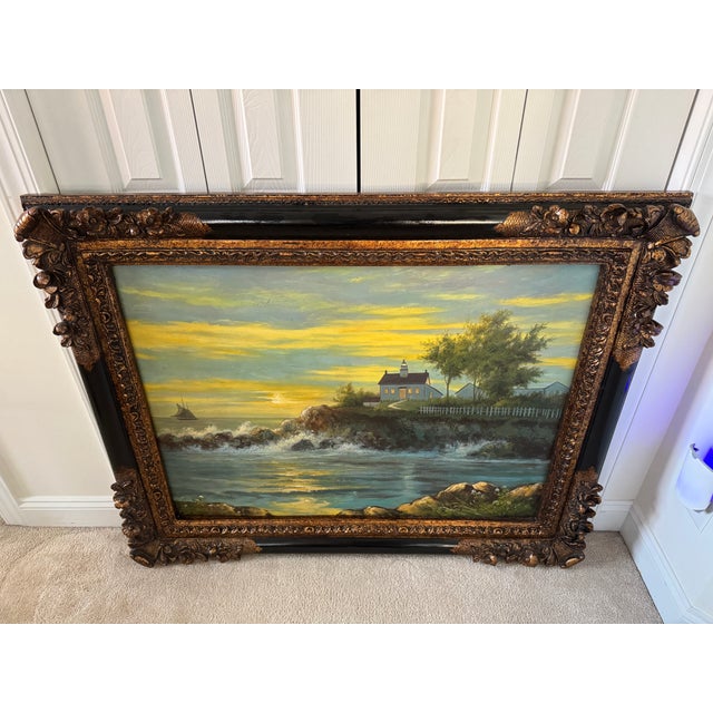 Baroque 50x40" Ornate Baroque Giltwood & Black Enamel Frame W/Oil on Canvas Painting For Sale - Image 3 of 16