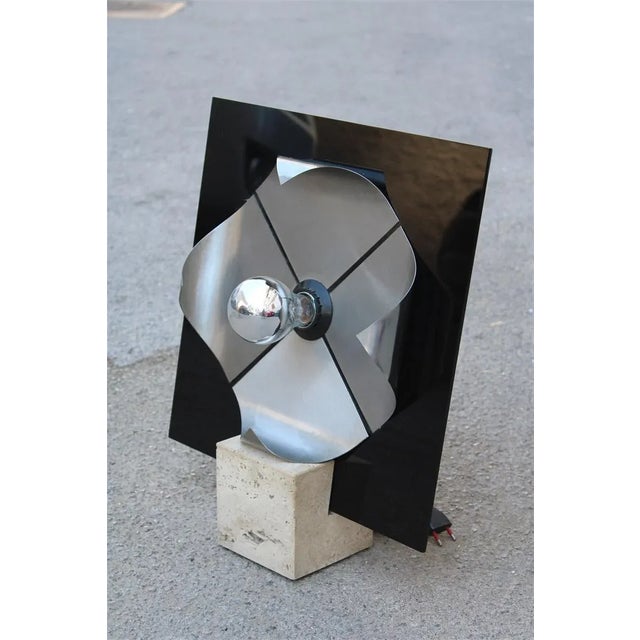Italian Pop Art Black Acrylic Glass & Steel Curved Base Cube Table Lamp in Travertine Marble from New Lamp Italy, 1970s For Sale - Image 4 of 9