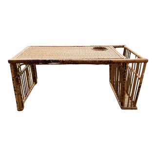 1970s Vintage Woven Rattan and Burnt Bamboo Breakfast Tray / Magazine Rack For Sale