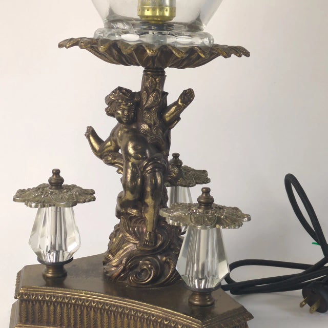 Mid 20th Century Loevsky Loevsky L&l Putto Cherub Lamp Glass Shade With Pineapple Design Statement Piece Large Vintage Lamp For Sale - Image 5 of 12