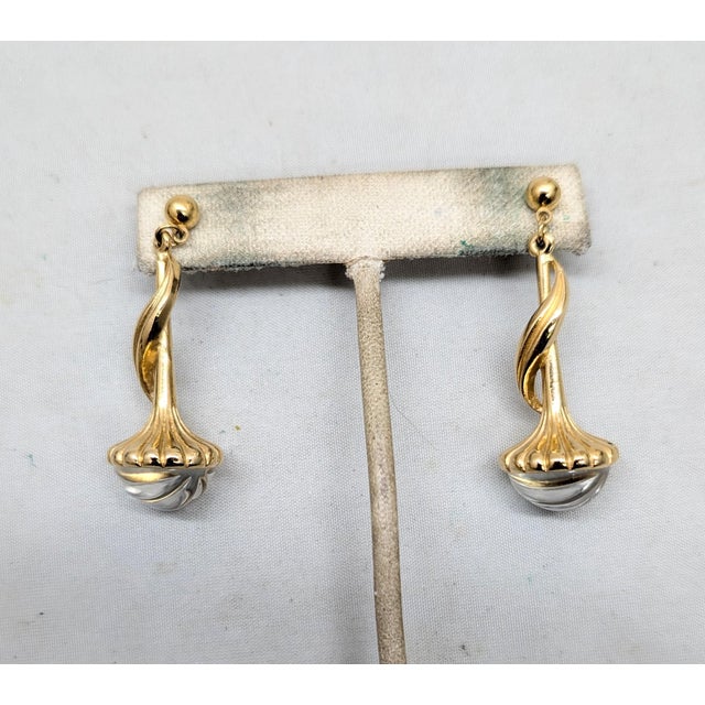 1990s Vintage 1990s Signed Trifari Tm Goldtone Clear Melon Rhinestone Drop Pierced Earrings-2 Pieces For Sale - Image 5 of 10