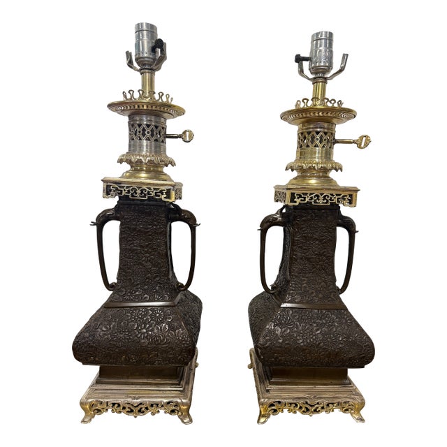 Pair, Aesthetic Movement Style East Asian Bronze Floral-Repoussé Table Lamps For Sale