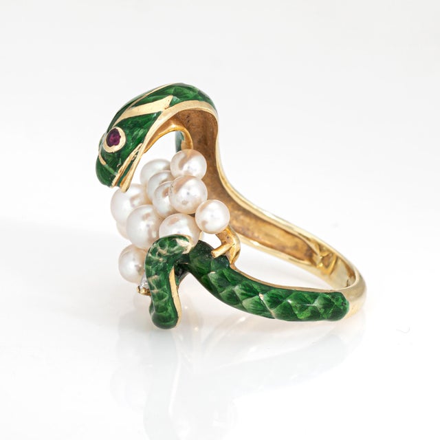 Vintage Enamel Snake Ring 14k Yellow Gold Sz 6 Cultured Pearl Diamond Band For Sale - Image 4 of 8