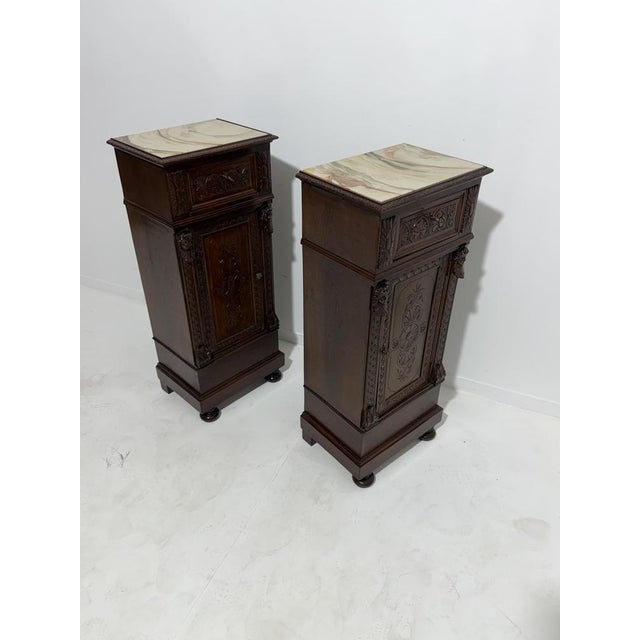 Sicilian Hand-Carved Bedside Tables with Marble Tops, 1940, Set of 2 For Sale - Image 4 of 18