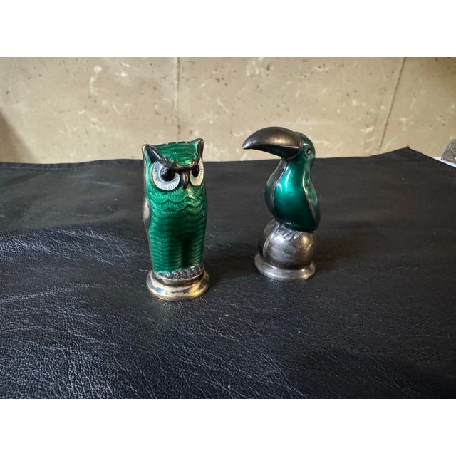 Silver 1950s Mid-Century Modern David Andersen Norwegian Sterling Silver & Enamel Owl&bird Salt and Pepper Shakers, Pair For Sale - Image 8 of 12