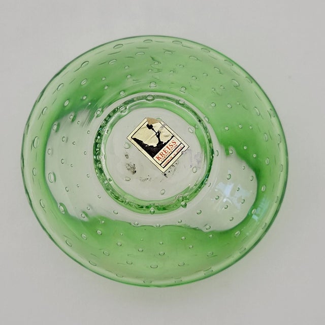 Kreiss Vintage MCM Kreiss Art Glass Green Controlled Bubble Molded Bowl Dish For Sale - Image 4 of 5