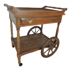 1970s Colonial Style Serving Cart Oak Wood Tea Cart