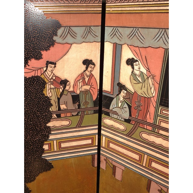 Gold Vintage Oriental Asian Gold Coromandel Four Panel Screen Room Divider W Geishas For Sale - Image 8 of 12