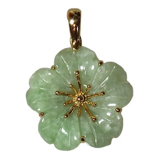 14k Gold Carved Green Jade Flower Pendant Enhancer For Sale