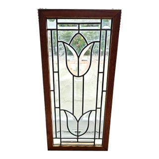 American Clear Beveled and Chip Glass Zink and Oak Framed Stained Glass Panel For Sale