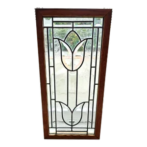 American Clear Beveled and Chip Glass Zink and Oak Framed Stained Glass Panel
