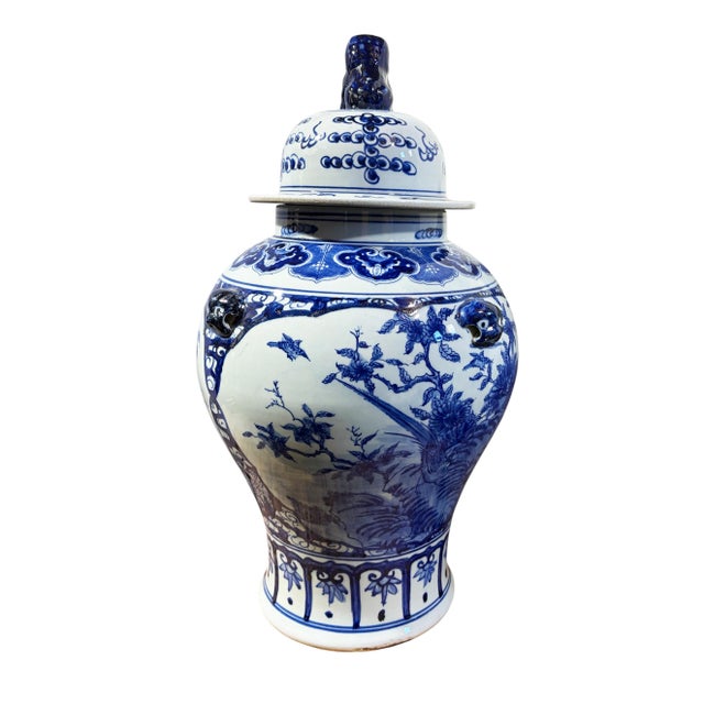 Blue Vintage Lg Chinoiserie Cobalt Blue & White Temple Ginger Jar 23" H For Sale - Image 8 of 11