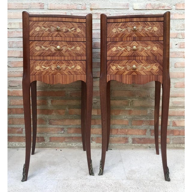 Early 20th Century French Bedside Tables in Marquetry & Bronze with Iron Details, Set of 2 For Sale - Image 15 of 15