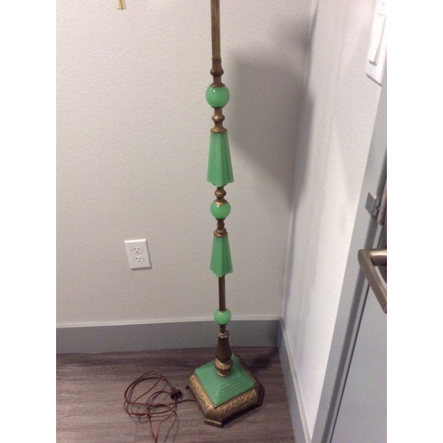 Antique 1920 - 1930 Art Deco Jadeite Cast Iron Floor Lamp With Shade For Sale - Image 9 of 13