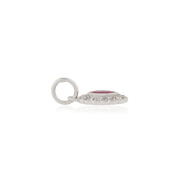Victorian-Inspired Red Ruby & Diamond Halo Charm Pendant in 14k White Gold For Sale - Image 10 of 15