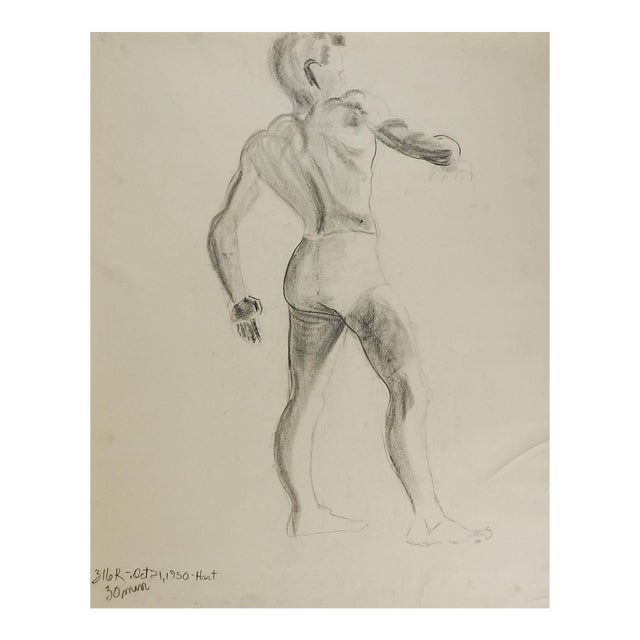 Vintage 1950 Charcoal Male Figure Drawing For Sale