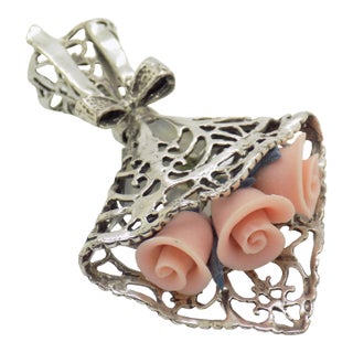 Vintage Italian Handmade Genuine Silver Flower Bouquet Pink Rose Flowers Dollhouse Miniature For Sale