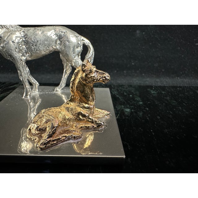 Metal Late 20th Century Silver and Gold-Tone Horse and Foal Figurine on Base For Sale - Image 7 of 11