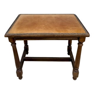 Early 1900s Wood Side Table With Leather Top & Nailhead Trim For Sale
