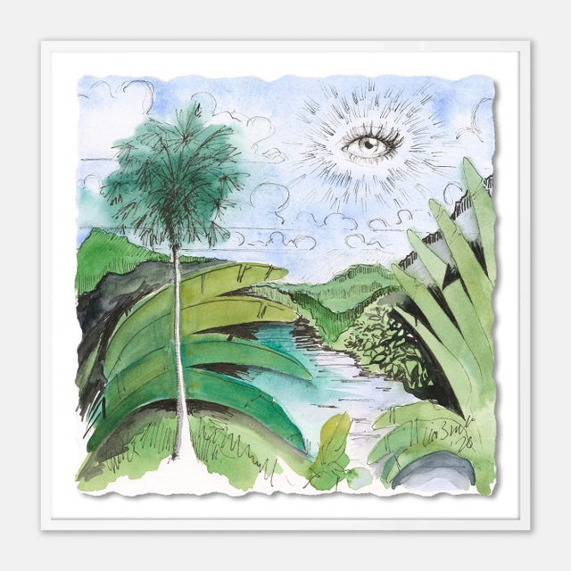 Contemporary Green Jungle with Eye by Lia Burke Libaire in White Frame, Small Art Print For Sale - Image 3 of 3