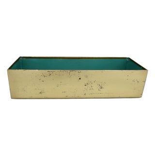 Vintage MCM Brass Rectangular Box — Desk Organizer or Planter, Teal-Lined Interior For Sale