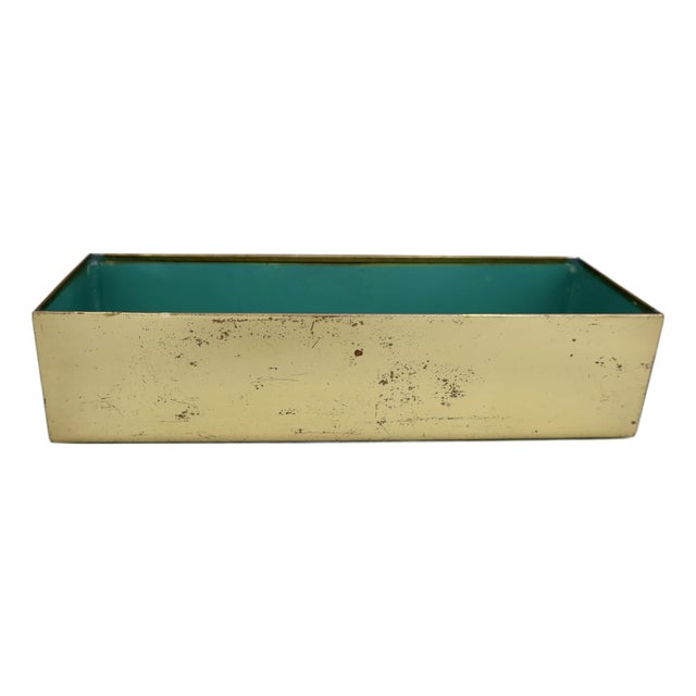 Vintage MCM Brass Rectangular Box — Desk Organizer or Planter, Teal-Lined Interior For Sale