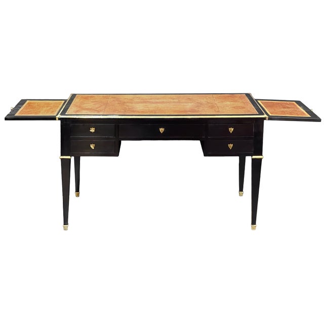 French Louis XVI Ebonized Writing Table or Desk With Embossed Leather Top For Sale - Image 9 of 13