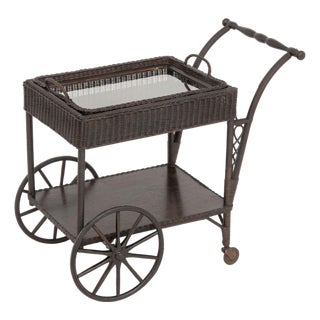 Vintage Brown Painted Wicker Tea Trolley For Sale