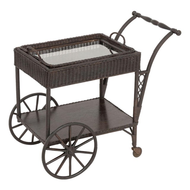 Vintage Brown Painted Wicker Tea Trolley For Sale