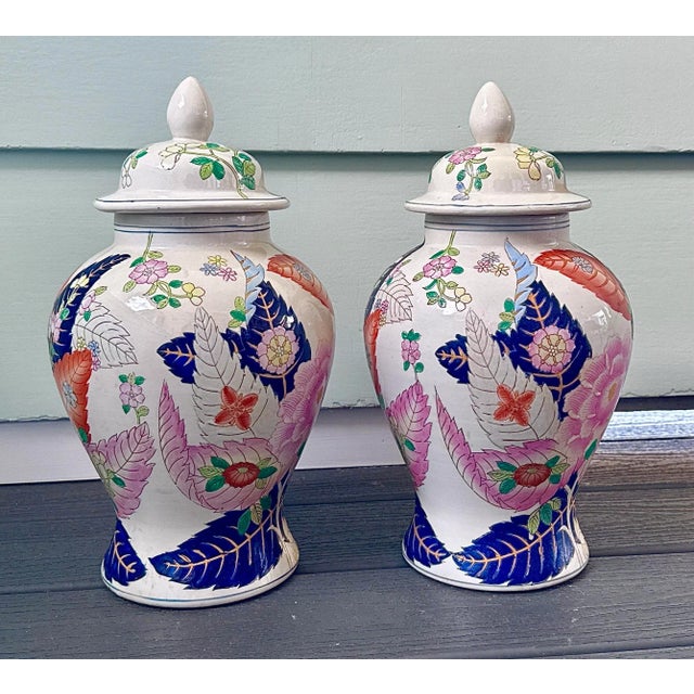 Vintage Hand Painted Tobacco Leaf Ginger Jars - A Pair, 16" Tall For Sale - Image 12 of 14