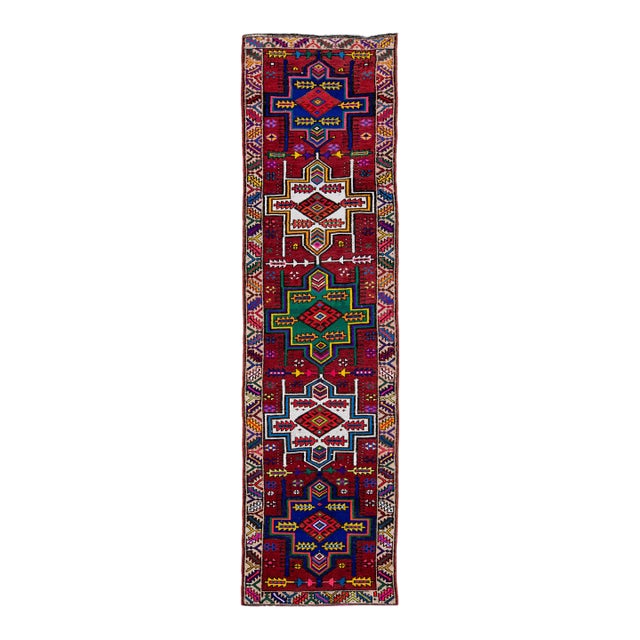 Red Vintage Turkish Handmade Multicolor Tribal Pattern Wool Runner For Sale